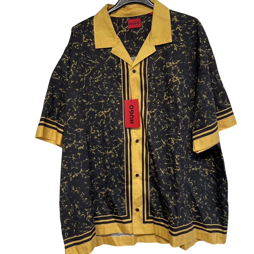Hugo Boss Egeeno Mens XXL Black Yellow Marble Stripe Short Sleeve Shirt New